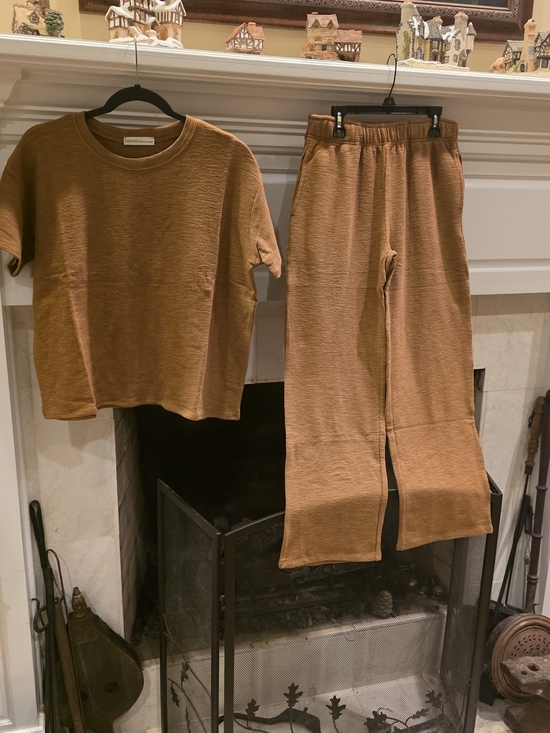 Zenana Outfitters Pants - Zenana Outfitters Wide-Leg Slub Set - Camel Brown